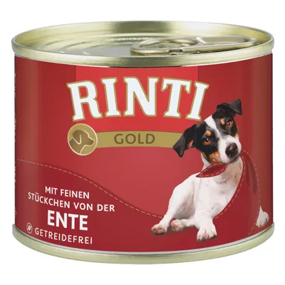 Rinti Gold lattina con teneri pezzi di anatra, senza cereali. Design rosso con immagine di cane.