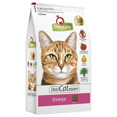 Корм для кошек GranataPet DeliCatessen Shrimps, изображение рыжего кота, надписи: без злаков, гранатовые зерна, лососевое масло, кошачья трава и мята. Вес 10 кг.