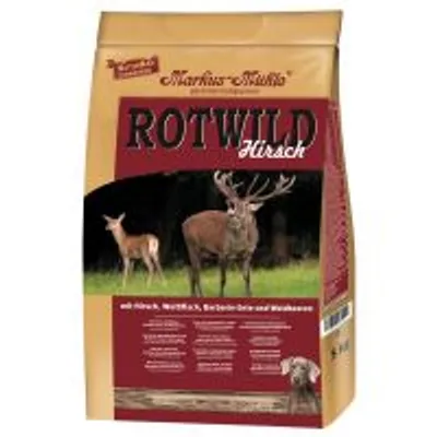 Sac Markus Mühle Rotwild Hirsch, texte en allemand, image de cerf et faon sur l’emballage. Mention visible : mit Hirsch, Rotfrüchten, Bierhefe-Gize und Muschelextr.