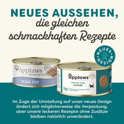 NEUES AUSSEHEN, die gleichen schmackhaften Rezepte. Applaws Natural Cat Food OCEAN FISH 70g. Applaws OCEAN FISH in broth 70g. NEUES DESIGN. Ostalo besedilo v nemščini.