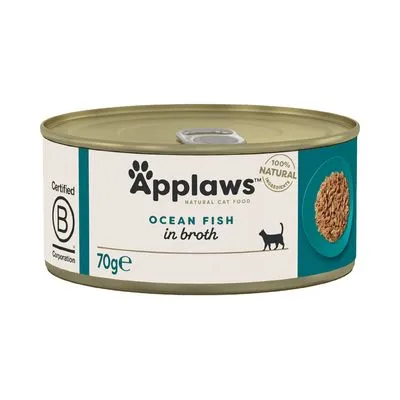 Applaws Natural Cat Food Ocean Fish in Broth, 70g, Certified B Corporation, 100% natural. Blik met afbeelding van visvoer en zwarte kat.