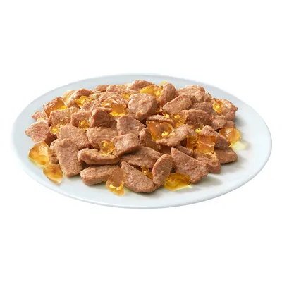 Bucăți de hrană umedă cu gelatină galbenă pe o farfurie albă, prezentare generică a produsului alimentar pentru animale de companie.