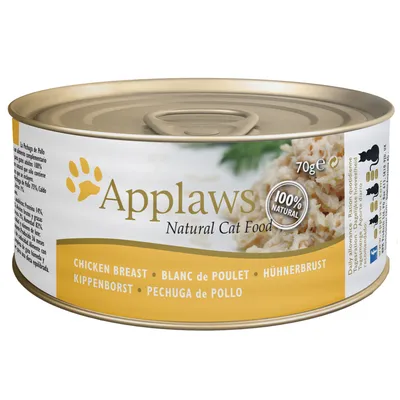Lata de 70 g Applaws Natural Cat Food, texto visível: 100% natural, Chicken Breast, Blanc de Poulet, Hühnerbrust, Kippenborst, Pechuga de Pollo. Ração húmida para gatos.