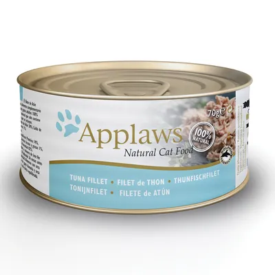 Applaws Natural Cat Food, 70 g burk. Text: 100% natural, tuna fillet, filet de thon, thunfischfilet, tonijnfilet, filete de atún. Dophin friendly-symbol synligt.
