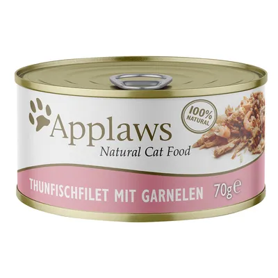 Konzerva Applaws Natural Cat Food, 100% Natural, Thunfischfilet mit Garnelen, 70 g. Text v němčině.