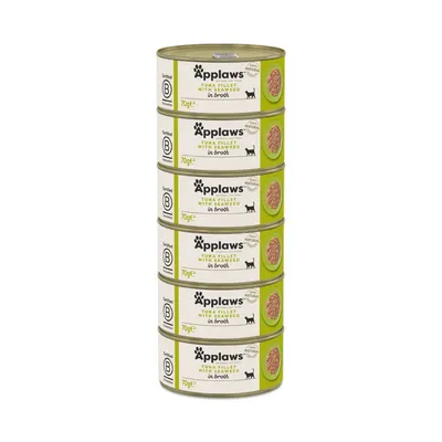 Stack of 6 Applaws Tuna Fillet with Seaweed in Broth cat food tins, 70g each, Certified B, 100% natural ingredients visible on label.