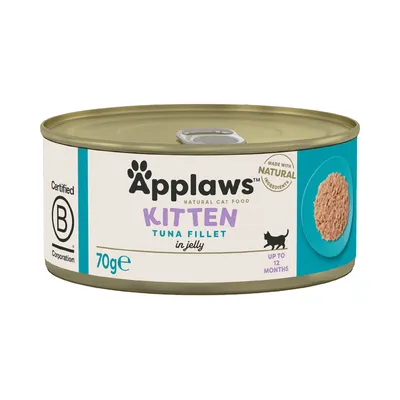 Applaws Kitten Tuna Fillet in Jelly, 70g Dose. Zertifiziert von B Corporation. Hergestellt mit natürlichen Zutaten. Geeignet für Katzen bis zu 12 Monaten.