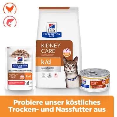 Hill's Prescription Diet Kidney Care k/d Trocken- und Nassfutter für Katzen, mit Huhn und Lachs. Probiere unser köstliches Trocken- und Nassfutter aus. Hill's Prescription Diet Kidney Care k/d Trocken- und Nassfutter für Katzen, mit Huhn und Lachs. Probiere unser köstliches Trocken- und Nassfutter aus.