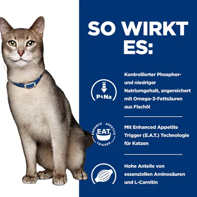 So wirkt es: Kontrollierter Phosphor- und niedriger Natriumgehalt, angereichert mit Omega-3-Fettsäuren aus Fischöl. Mit Enhanced Appetite Trigger (E.A.T) Technologie für Katzen. Hohe Anteile von essentiellen Aminosäuren und L-Carnitin.