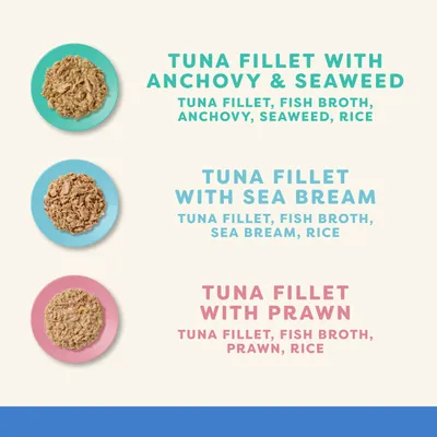 TUNA FILLET WITH ANCHOVY & SEAWEED: tuńczyk, bulion rybny, anchois, wodorosty, ryż. TUNA FILLET WITH SEA BREAM: tuńczyk, bulion rybny, dorada, ryż. TUNA FILLET WITH PRAWN: tuńczyk, bulion rybny, krewetka, ryż.