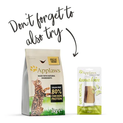 Applaws Adult Cat Complete Chicken 2 kg, viljaton, 80 % kanan proteiinia. Applaws Natural Cat Treat tuna loin 30 g, 100 % natural. Teksti englanniksi: Don't forget to also try.