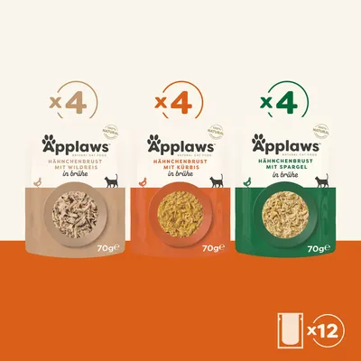 Applaws Hähnchenbrust in Brühe, Sorten: Wildreis, Kürbis, Spargel. Packungsgrösse je 70g, insgesamt 12 Beutel (4x Wildreis, 4x Kürbis, 4x Spargel). 100% natürlich.