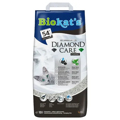 Biokat's Diamond Care Classic klontvormende kattenbakvulling, 10 liter. Met actieve kool en aloë vera. 54 dagen, afbeelding van kat op de verpakking.