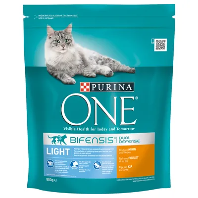 PURINA ONE BIFENSIS Dual Defense Light kattefoder, 800 g. Tekst: Visible Health for Today and Tomorrow, Rich an Huhn und Weizen, Riche en Poulet et au Blé, Rijk aan Kip en tarwe.