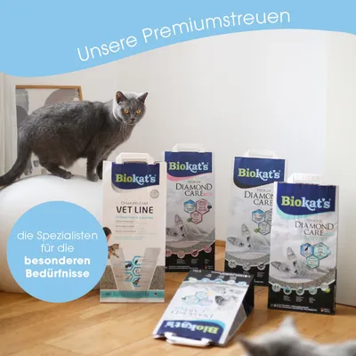 Biokat's Premiumstreu Diamond Care und Vet Line. Spezialisten für besondere Bedürfnisse, geeignet für Katzen. Verpackungen mit Produktdetails sichtbar.