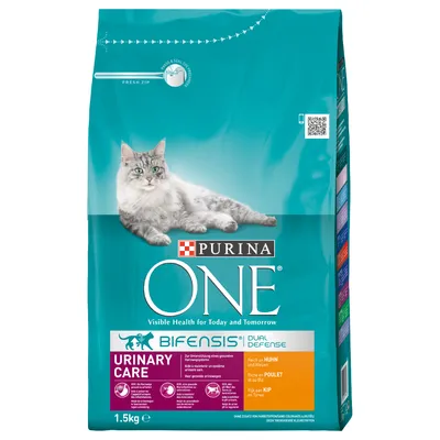 PURINA ONE Bifensis Dual Defense Urinary Care kattefoder, 1,5 kg pose. Synlig tekst: Rich in Huhn und Weizen, Riche en Poulet et au Blé, Rijk aan Kip en Tarwe.