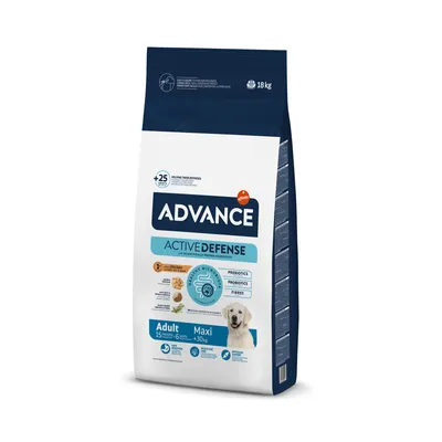 ADVANCE Active Defense cibo per cani adulti di taglia maxi da 15 mesi, con pollo, prebiotici, probiotici e fibre. Confezione: 18 kg.