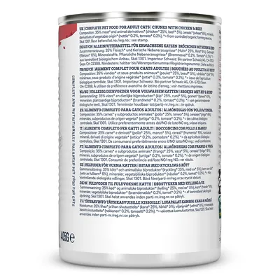 Lattina di alimento completo per gatti adulti, bocconcini con pollo e manzo, 406 g. Ingredienti principali: carne 35% (pollo 25%, manzo 5%), cereali 5%, ortica 0,2%, pomodoro 0,2%.