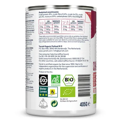 Tabella razioni consigliate per cani da 2 a 6 kg, analisi nutrizionale: proteine 8 %, grassi 5 %, fibre 0,4 %, ceneri 2 %, umidità 81 %, carboidrati 3,6 %. Certificazioni bio e Beter Leven.