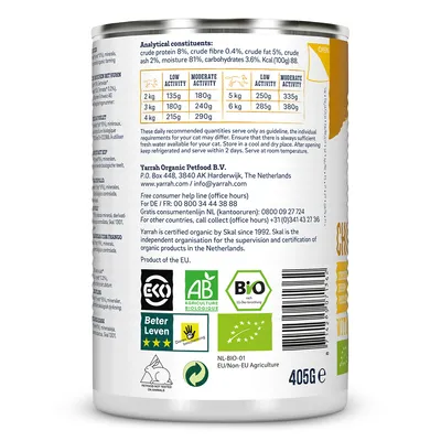 Tabella razioni consigliate per gatti: attività bassa 2 kg 135g, 3 kg 180g, 4 kg 215g; attività moderata 2 kg 180g, 3 kg 240g, 4 kg 290g. Analisi: proteine 8%, grassi 5%, fibre 0,4%. Peso netto 405g.