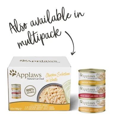Applaws Natural Cat Food Chicken Selection in Broth, 12x156g multipack: 4x kipfilet, 4x kipfilet met eend, 4x kipfilet met kaas. Tekst: 'Also available in multipack'.
