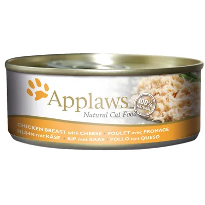 Scatoletta Applaws Natural Cat Food, 100% natural, petto di pollo con formaggio. Testo visibile in più lingue: CHICKEN BREAST with CHEESE, POLLO con QUESO.