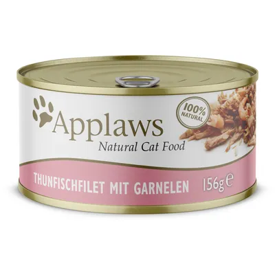 Applaws Natural Cat Food, 100% Natural, Thunfischfilet mit Garnelen, 156 g. Kissanhäntäruokapurkki, näkyvissä tonnikalaa ja katkarapuja. Teksti saksaksi.