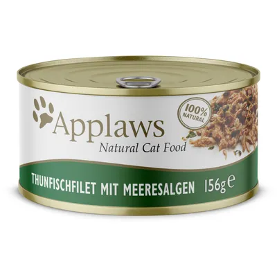 Applaws Natural Cat Food, 100% Natural. Thunfischfilet mit Meeresalgen, 156 g. Teksti saksaksi.