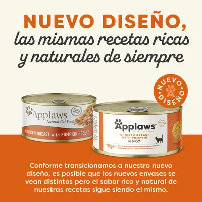 Texto: NUEVO DISEÑO, las mismas recetas ricas y naturales de siempre. Applaws Natural Cat Food, Chicken Breast with Pumpkin 156g. Nuevo diseño. El sabor sigue siendo el mismo.