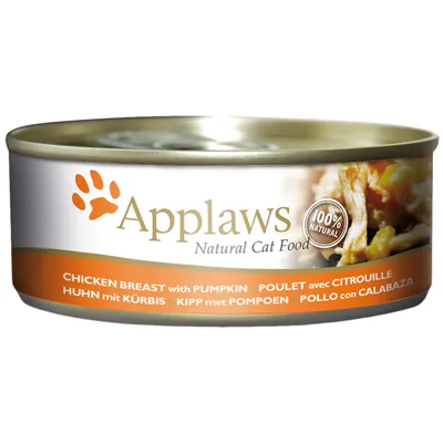 Scatoletta Applaws Natural Cat Food, 100% natural, petto di pollo con zucca. Testo visibile in più lingue: chicken breast with pumpkin, poulet avec citrouille, pollo con calabaza.