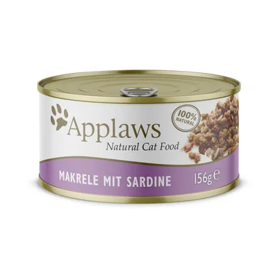 Applaws Natural Cat Food - Makrele mit Sardine, 156 g. 100% natural -merkintä näkyvissä purkin etiketissä.