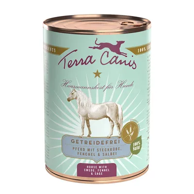 Terra Canis konzerv, Getreidefrei, Pferd mit Steckrübe, Fenchel & Salbei, 100% Natur, Horse with Swede, Fennel & Sage feliratok láthatók a csomagoláson.