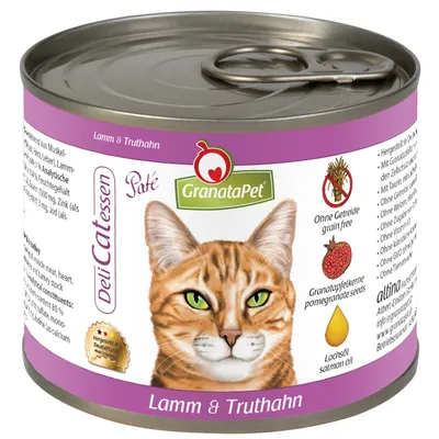 Konzerva GranataPet DeliCatessen Paté pre mačky, Lamm & Truthahn. Viditeľné: bez obilnín, granátové jablko, lososový olej, obrázok mačky na etikete.