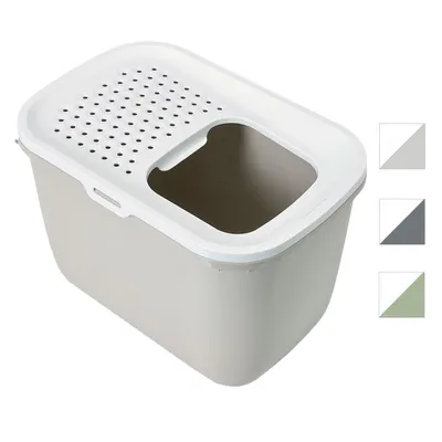 Katzentoilette mit weissem Deckel, Lochmuster und Einstieg oben. Drei Farboptionen: Grau, Dunkelgrau, Grün.