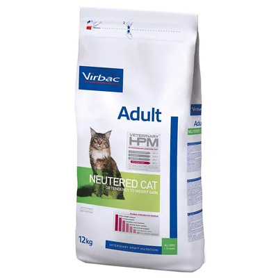 Virbac Adult Neutered Cat, 12 kg. VISIBLE TEKST: VETERINARY HPM, NEUTERED CAT OR TENDENCY TO WEIGHT GAIN, diagram med søjler, billede af kat på forsiden.