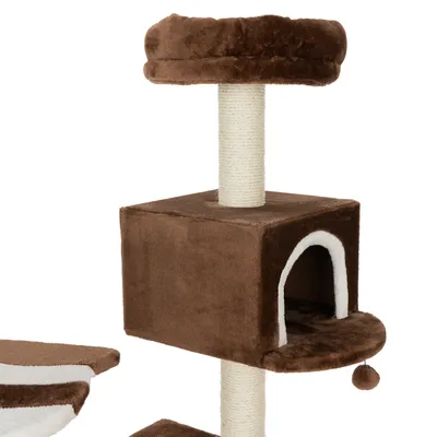 Cat tree with brown plush cover, cave with white entrance, seating area and play ball on sisal post.