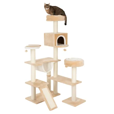 Beige scratching post with multiple levels, cave, hammock, resting areas and sisal scratching surfaces. Cat sitting on top platform.