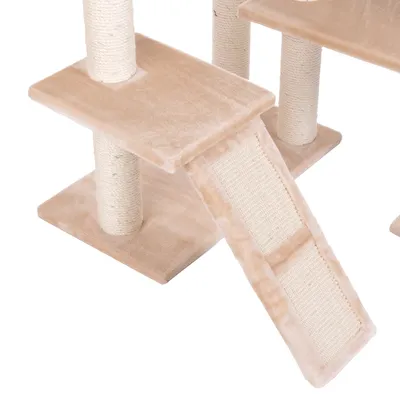 Krabpaal met sisal touw, beige pluche bekleding, meerdere plateaus en een schuine krabplank. Materialen: sisal en stof.