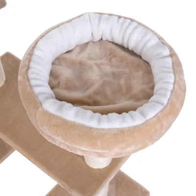 Ronde kattenmand van beige en wit pluche, bevestigd op een krabpaal. Zachte stoffen rand en binnenkant duidelijk zichtbaar.