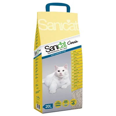 Sanicat Classic kattsand, 20L, non clumping litter. Ultra absorbent, odour control, natural. Förpackning med bild på katt och sandens utseende.