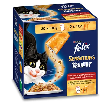 Упаковка корма для кошек Purina Felix Sensations Crunchy: 20×100 г паучей и 2×40 г хрустящих кусочков. На упаковке изображён кот и тарелка с кормом.
