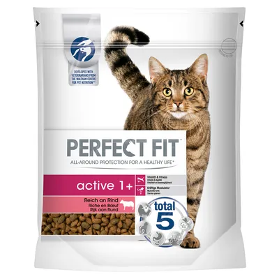 Croquettes pour chat Perfect Fit active 1+, riche en bœuf, avec visuel d’un chat tigré sur l’emballage. Mentions visibles : vitamine & fitness, muscles forts, total 5.