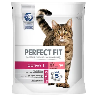 Bolsa de comida para gatos Perfect Fit active 1+, texto visible: reich an Rind, vitalidad y agilidad, buena visión, musculatura fuerte, escala total 5 criterios.
