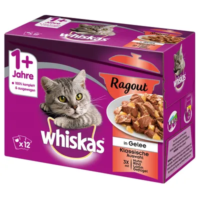 Whiskas Ragout in Gelee, 12 plicuri, pentru pisici de peste 1 an. Text vizibil: 1+ Jahre, 100% komplett & ausgewogen, Klassische Auswahl: Huhn, Rind, Lamm, Geflügel.