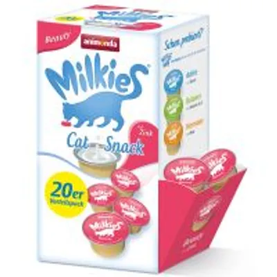 Verpakking animonda Milkies Cat Snack, 20er Vorteilspack. Zichtbare smaken: Active, Balance, Harmony, Beauty. Cupjes met rode deksel en witte tekst.