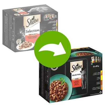 Sheba Selection in Sauce, smakrik blandning, 12x85g. Varianter: kyckling och nötkött, kyckling, lamm, anka och kalkon. Förpackningsändring visas med grön pil.