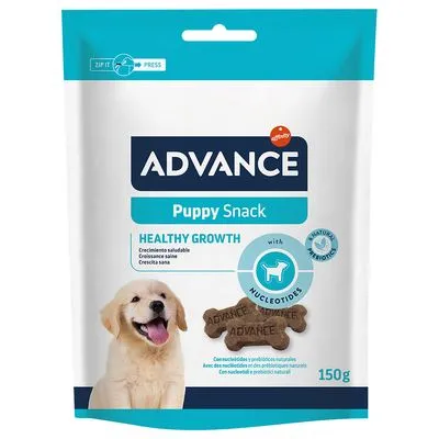 ADVANCE Puppy Snack, Healthy Growth, met nucleotiden en natuurlijke prebiotica, 150g. Afbeelding van een puppy en botvormige snacks op de verpakking.
