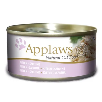 Boîte de 70 g Applaws Natural Cat Food, Kitten Sardine. Texte visible : Made with natural ingredients.