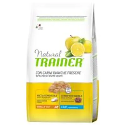 Confezione di crocchette Natural Trainer con carni bianche fresche, visibili limone e mela, indicazioni: riso integrale, estratto d'ananas, adult mini toy, 1,5 kg.