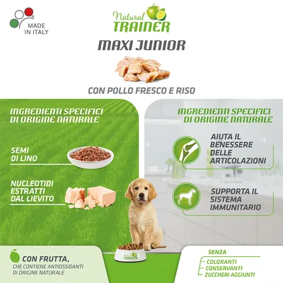 Natural Trainer Maxi Junior mit frischem Huhn und Reis. Zutaten: Leinsamen, Nukleotide aus Hefe. Unterstützt Gelenkgesundheit und Immunsystem. Ohne Farbstoffe, Konservierungsstoffe, Zuckerzusatz.